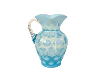 Vintage Blue Glass Pitcher Vase, 1950s Fenton Art Glass Opalescent Coin Dot Flower Vase