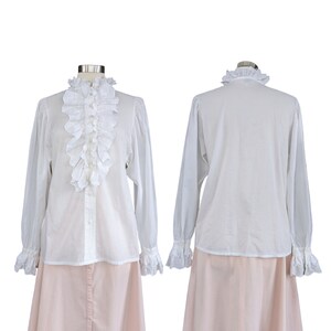 Vintage Ruffled Poet Blouse, Medium Large, White Cotton Button Blouse with Eyelet Ruffle Collar and Cuffs image 10