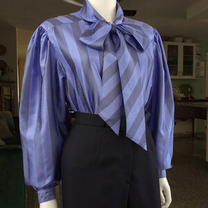 Vintage Tie Collar Cocktail Blouse, Large / Silky Purple Wide Sleeve Button Blouse / 1980s Striped Pussy Bow Dress Shirt image 8