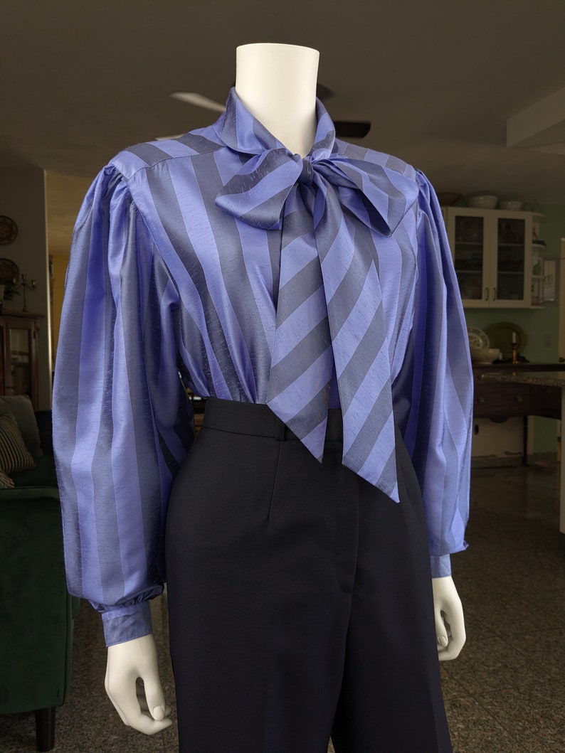 Vintage Tie Collar Cocktail Blouse, Large / Silky Purple Wide Sleeve Button Blouse / 1980s Striped Pussy Bow Dress Shirt image 8