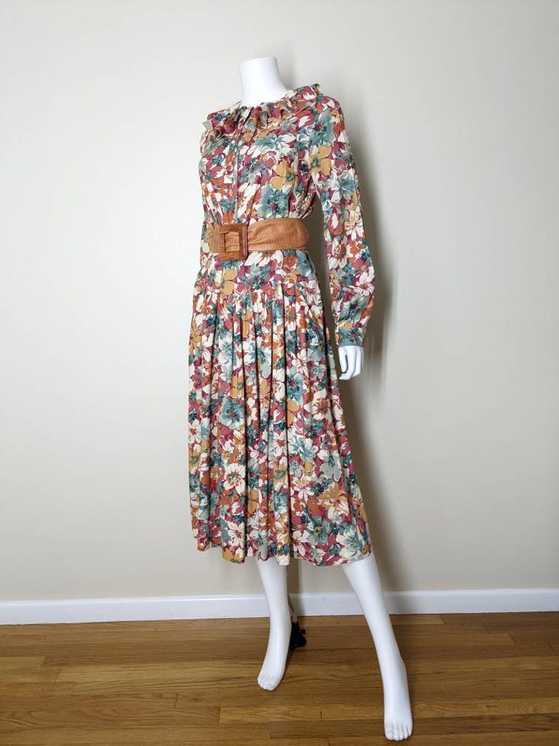 Vintage Floral Dress Set, Medium / Autumnal Floral Blouse and Skirt Set / Ruffle Collar Long Sleeve Blouse & Matching Drop Waist Midi Skirt image 2