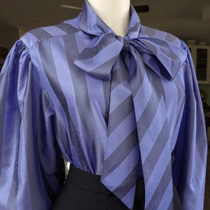 Vintage Tie Collar Cocktail Blouse, Large / Silky Purple Wide Sleeve Button Blouse / 1980s Striped Pussy Bow Dress Shirt image 2