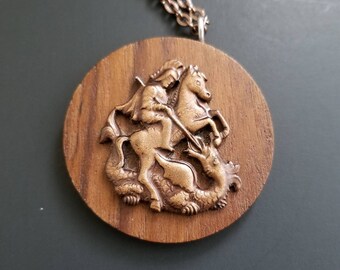 Vintage Medallion Necklace / St. George and the Dragon Pendant Necklace / Patron Saint of England / Dragon Slayer Wood Statement Necklace