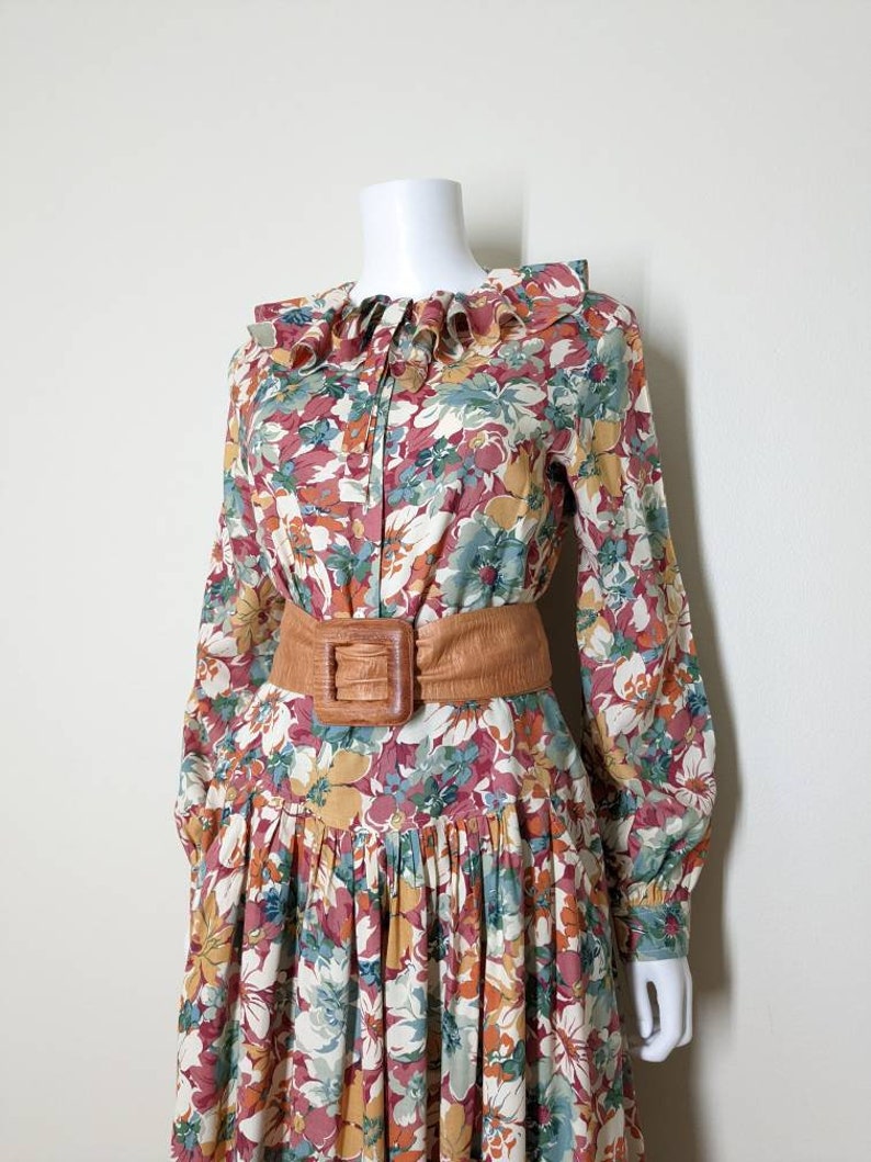 Vintage Floral Dress Set, Medium / Autumnal Floral Blouse and Skirt Set / Ruffle Collar Long Sleeve Blouse & Matching Drop Waist Midi Skirt image 3