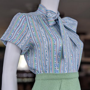 Vintage Bow Blouse, Small Medium, Blue Striped Pussy Bow Top, 1970s Short Sleeve Tie Collared Blouse image 2