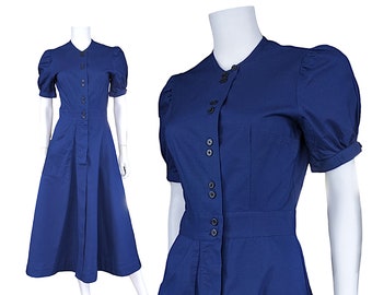 Vintage 50s Linen Nurse Uniform Dress, Small, Navy Blue Swing Dress with Puffy Short Sleeves