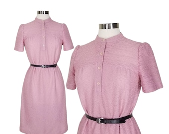 Vintage Pink Knit Dress, Small Medium / Boucle Knit Mod Dress / 60s Style Midi Scooter Dress / Retro Short Sleeve Shift Dress