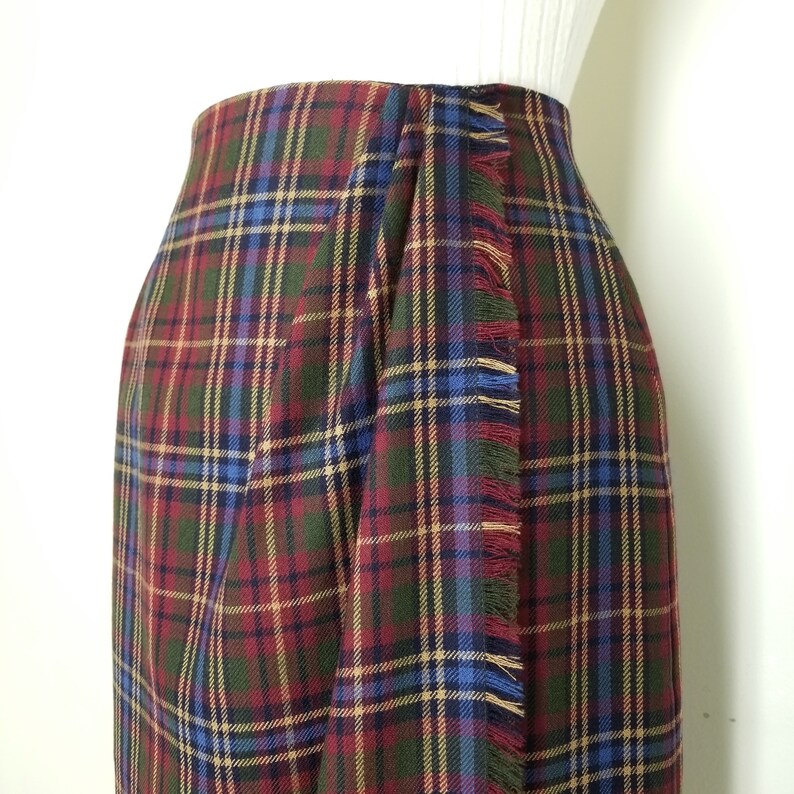 Vintage Plaid Skirt, Medium / Long Fringed Tartan Skirt / Faux Wrap Winter Skirt / Plaid Pinup Skirt / 1990s Straight Pencil Skirt image 7