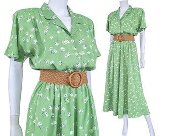 Vintage Green Floral Dress, Medium, 1940s Style Shirt Dress with Long Flared Skirt