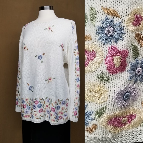 1990s Floral Embroidered Sweater, Large ~ Vintage