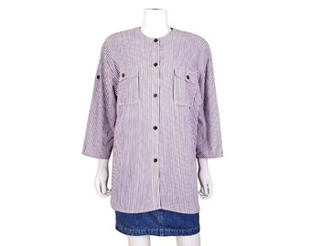 Vintage Striped Cotton Blouse, Large / Lavender Button Blouse / Long Button Up Shirt/ Short Sleeve Blouse / Retro Roll Tab Purple Blouse