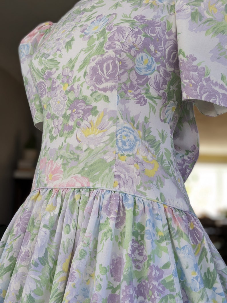 Vintage Pastel Floral Dress, 1980s Puffy Sleeve Cotton Gown, Drop Waist Party Dress image 3