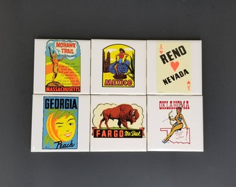 Vintage Souvenir Tile / Travel Souvenir Square Ceramic Tile / Travel Memorabilia / Mexico Nevada Oklahoma Massachusetts Georgia Fargo