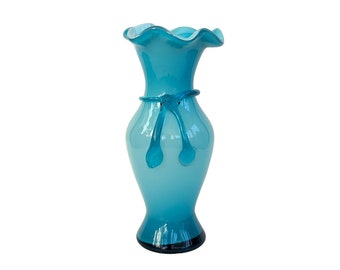 Vintage Ruffled Glass Vase, Aqua Blue Opalescent Art Glass Flower Vase with Applied Glass Bow