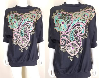 Vintage Embellished Sweatshirt, Medium / Painted Paisley Black Blouse / Retro 1990s Loungewear with Rhinestones