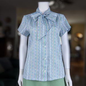 Vintage Bow Blouse, Small Medium, Blue Striped Pussy Bow Top, 1970s Short Sleeve Tie Collared Blouse image 8