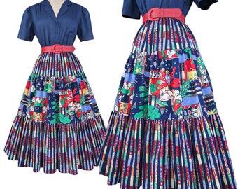 Vintage Tiered Midi Skirt, Large, Colorful Square Dance Skirt with Floral Nautical Print