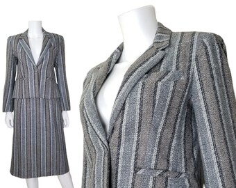 Vintage Striped Gray Suit, Extra Small Petite / Two Piece Jacket and Skirt Set / 1980s Wool Blend Women's Suit