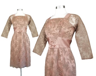 Vintage Lace Dress, Medium / 1950s Cocktail Dress / Madmen Style Satin Party Dress with Sheer Lace Sleeve / 50s Empire Waist Holiday Dress