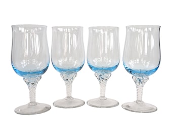 Vintage Blue Crystal Wine Glasses with Twisted Clear Stem, Brighton Celebrity Water Goblets