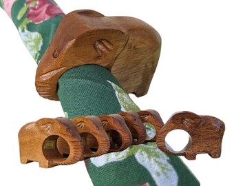 Vintage Elephant Napkin Ring Set of 6, Natural Hand Carved Mango Wood, Wooden Elephant Napkin Rings for Dinner Napkins