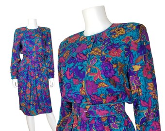 Vintage Floral Silk Cocktail Dress, Small / 1980s Multicolor Belted Shirt Dress with Pleated Midi Skirt