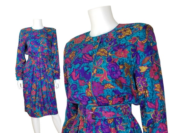 Vintage Floral Silk Cocktail Dress, Small / 1980s… - image 1
