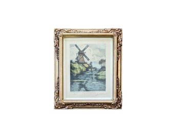 Vintage Windmill Sketch Painting, Original Art Mid Century Wall Decor in Gold Relief Frame 11 x 13