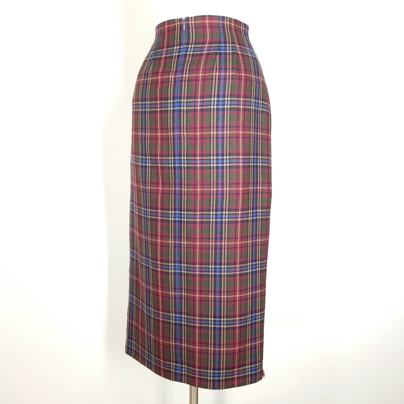 Vintage Plaid Skirt, Medium / Long Fringed Tartan Skirt / Faux Wrap Winter Skirt / Plaid Pinup Skirt / 1990s Straight Pencil Skirt image 6