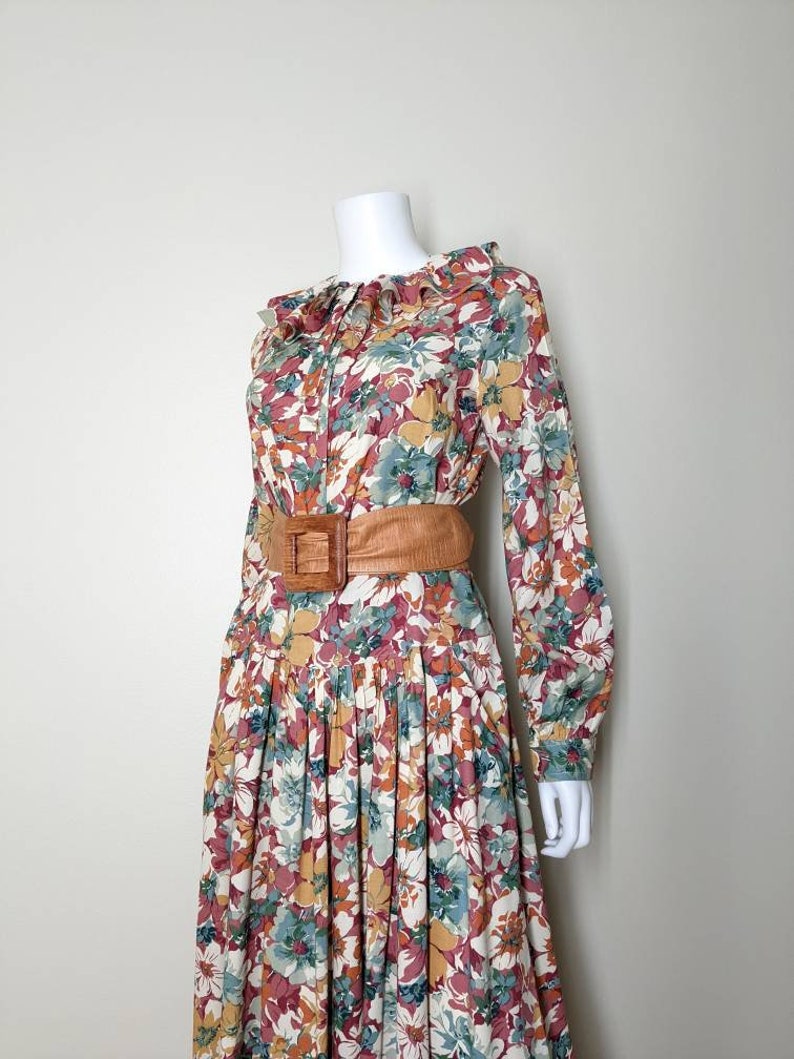 Vintage Floral Dress Set, Medium / Autumnal Floral Blouse and Skirt Set / Ruffle Collar Long Sleeve Blouse & Matching Drop Waist Midi Skirt image 7