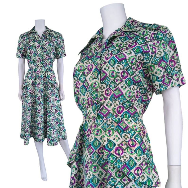 Vintage 50s Shirt Dress, Large, Jewel Tone Geometric Abstract Print Dress with Dagger Collar and Peplum Pockets image 1