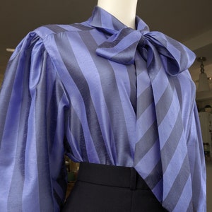 Vintage Tie Collar Cocktail Blouse, Large / Silky Purple Wide Sleeve Button Blouse / 1980s Striped Pussy Bow Dress Shirt image 3