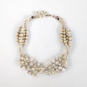 Vintage White Beaded Necklace, 1950s Multi Strand Faux Pearl Necklace image 1