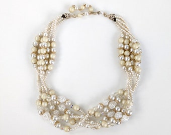 Vintage White Beaded Necklace, 1950s Multi Strand Faux Pearl Necklace