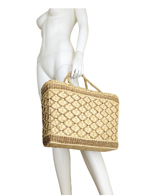 Three Tone Straw Braided Tote Bag Taupe