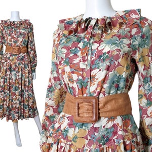 Vintage Floral Dress Set, Medium / Autumnal Floral Blouse and Skirt Set / Ruffle Collar Long Sleeve Blouse & Matching Drop Waist Midi Skirt image 1