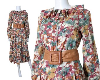 Vintage Floral Dress Set, Medium / Autumnal Floral Blouse and Skirt Set / Ruffle Collar Long Sleeve Blouse & Matching Drop Waist Midi Skirt