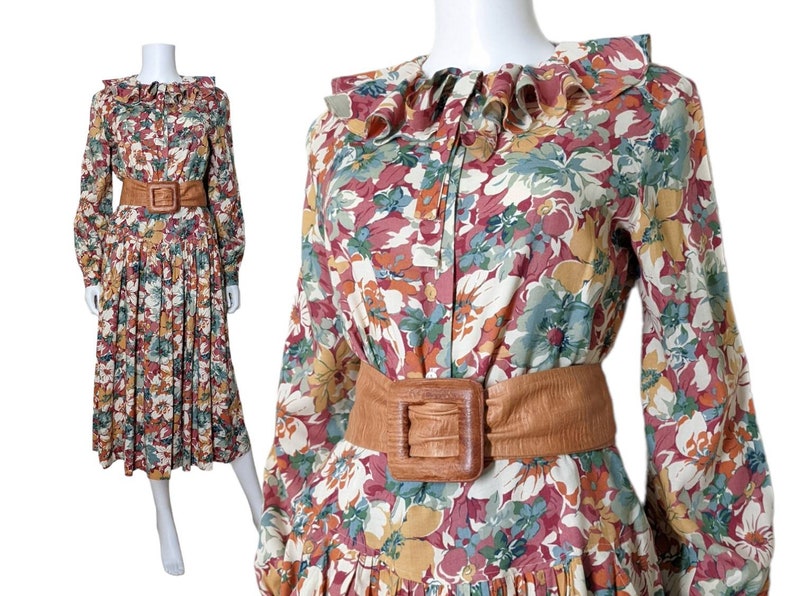 Vintage Floral Dress Set, Medium / Autumnal Floral Blouse and Skirt Set / Ruffle Collar Long Sleeve Blouse & Matching Drop Waist Midi Skirt image 1