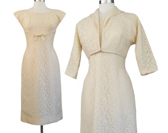 Vintage Cream Lace Dress, Large / Two Piece 1960s Cocktail Dress / Sleeveless Sheath Dress with Cropped Jacket / Early 60s Wedding Dress