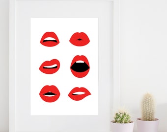 Lips Wall Art, Red Lips A4 Print, Lipstick Home Decor, Makeup Print, Abstract Bedroom Decor