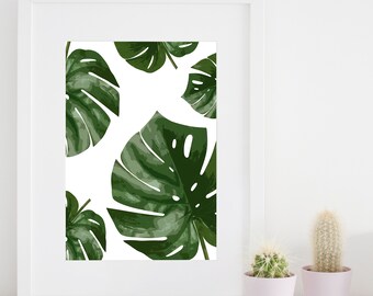 Monstera Leaf Print, Tropical Palm Wall Art, A4 Botanical Leaf Print, Green Plant Home Decor