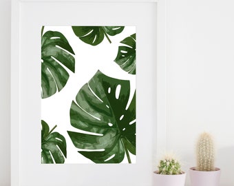 Monstera Leaf Print, Tropical Palm Wall Art, A4 Botanical Leaf Print, Green Plant Home Decor