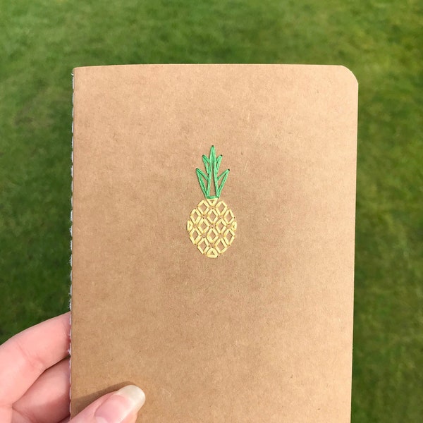 Pineapple Hand Embroidered A6 Craft Notebook, Small Hand Sewn Journal, Stitched Tropical Pocketbook