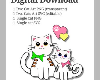 Two Cats Cute Animal Clip Art Printable Digital Download SVG and PNG Craft Art