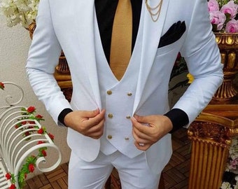 Men Suits Wedding 3 Piece Suit Slim Fit Golden Button Groom White Wedding Suit