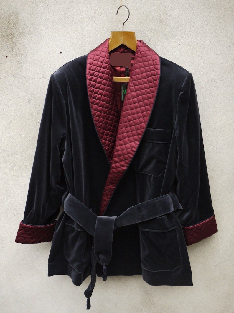 Men's Smoking Jacket Black Velvet Quilted Smoking Robe Etsy