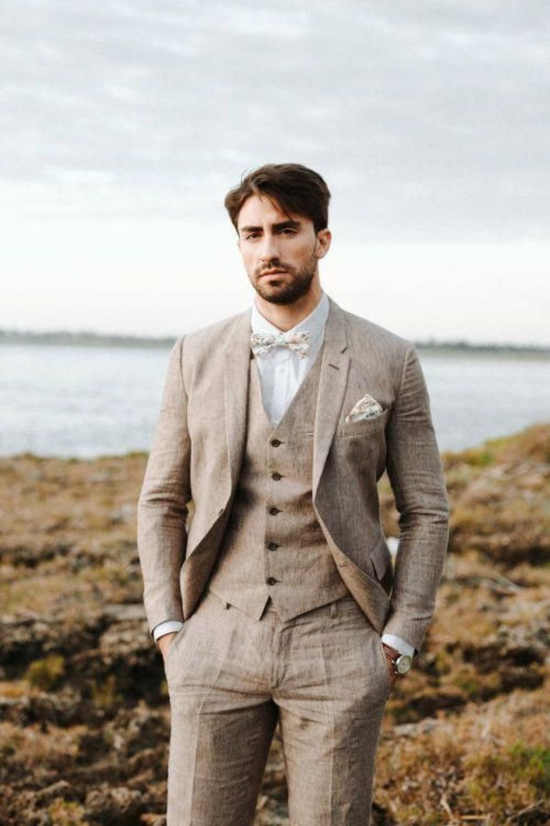 MEN LINEN SUIT 3 Piece Brown Linen Wedding Suit for Groom image 2