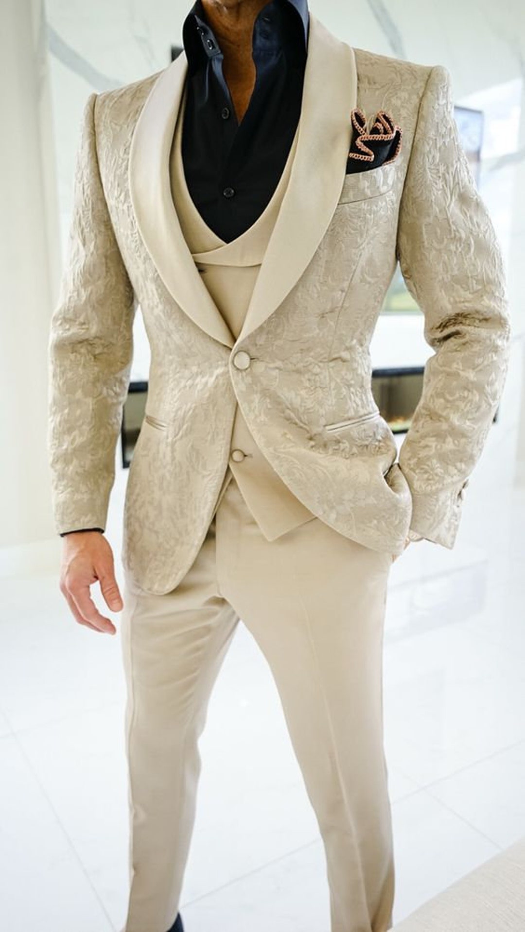 2026 Ivory Paisley 3pc Men's Suit Tuxedo by Tazzio main image 1