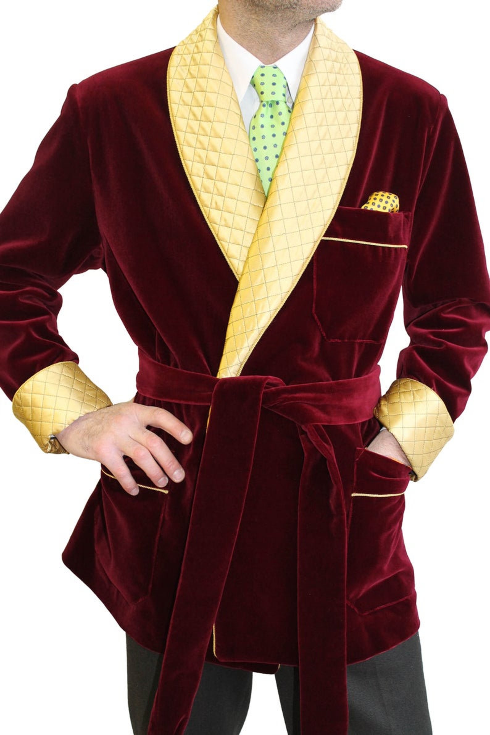 Men Smoking Robe Jacket Maroon Velvet Quilted Handmade - Etsy