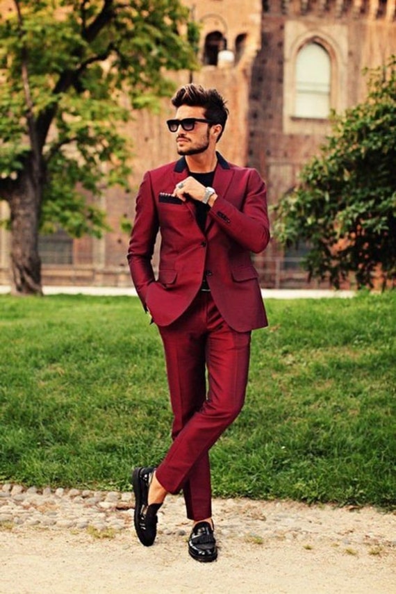 Hombres trajes elegante 2 piezas traje delgado ajuste rojo | Etsy España